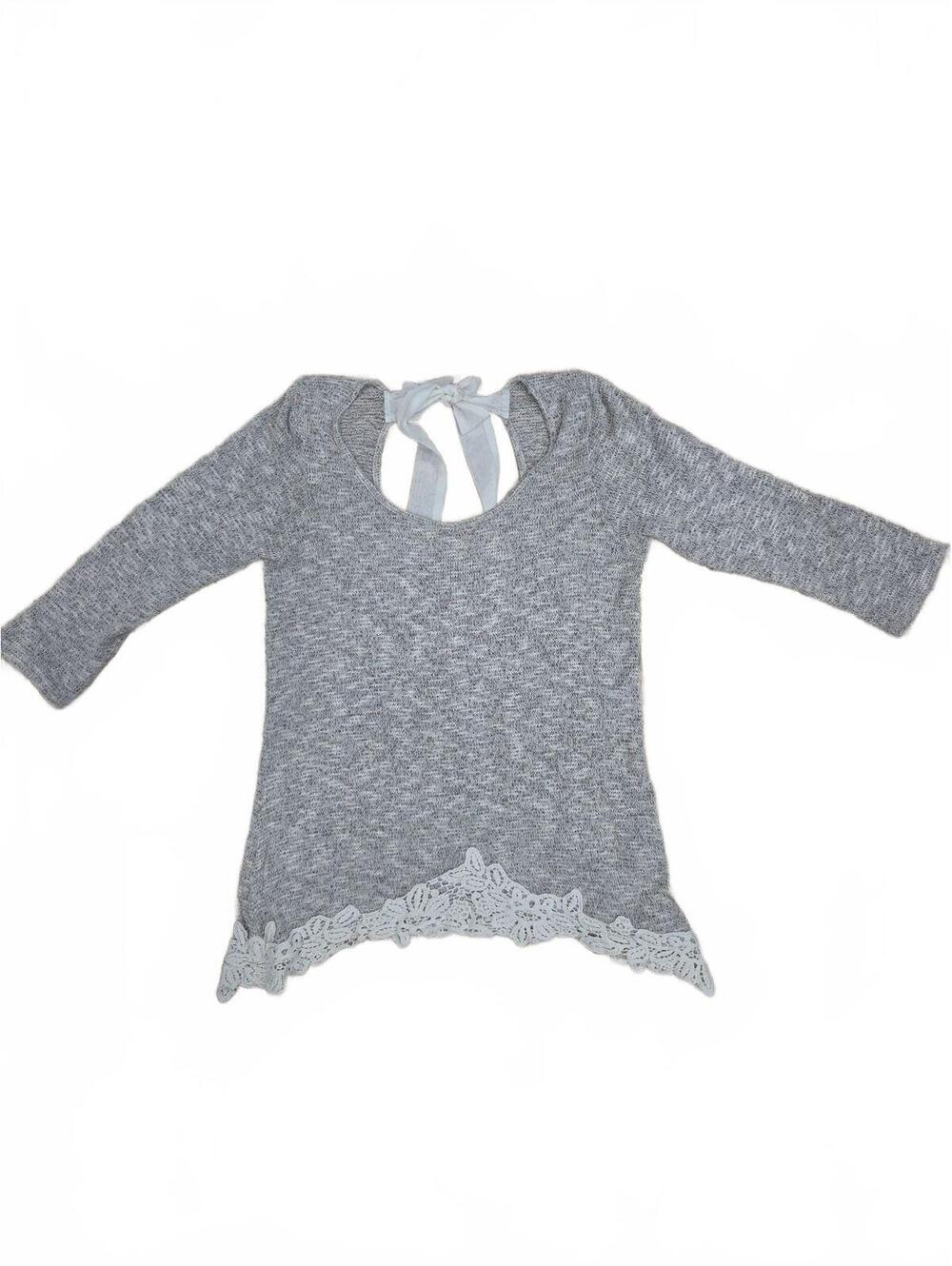 Moa Moa Gray Knit Bow-Back Chiffon Tie Lace Trim Top Size M